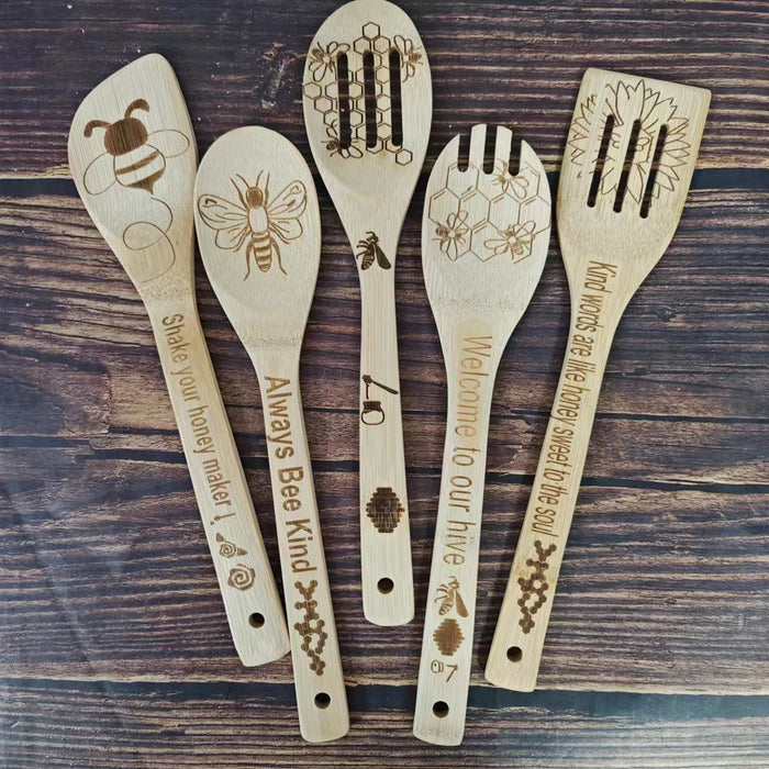 Bamboo Shovel Laser Engraving Pattern Halloween Christmas Bamboo Shovel Cooking Suit Five-piece Set