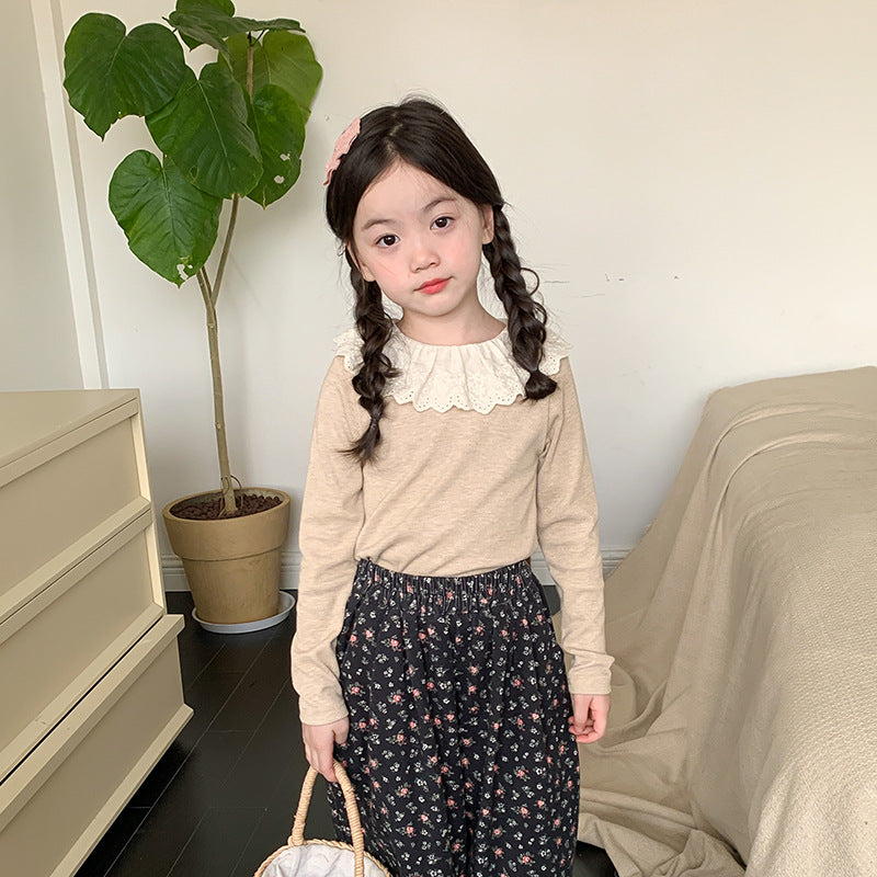 Girls' Soft Cashmere Sunken Stripe Lace Collar Bottoming Shirt