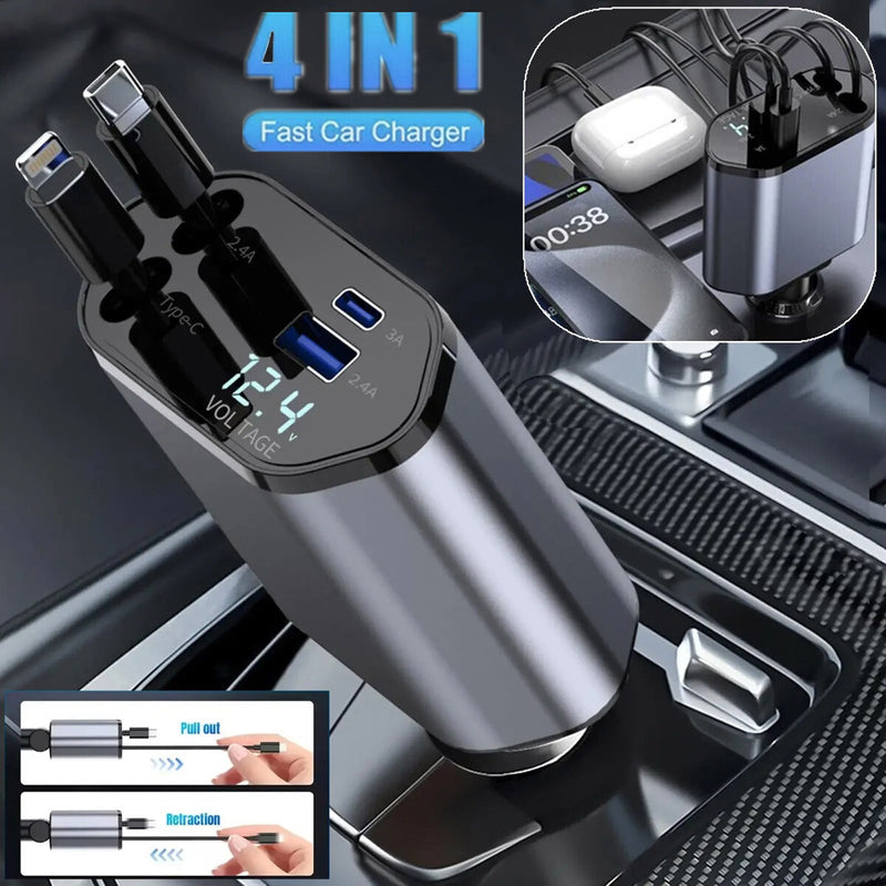 4-in-1 einziehbares Auto-Ladegerät, schnelles 120-W-Auto-Handy-Ladegerät mit USB-C-Kabel