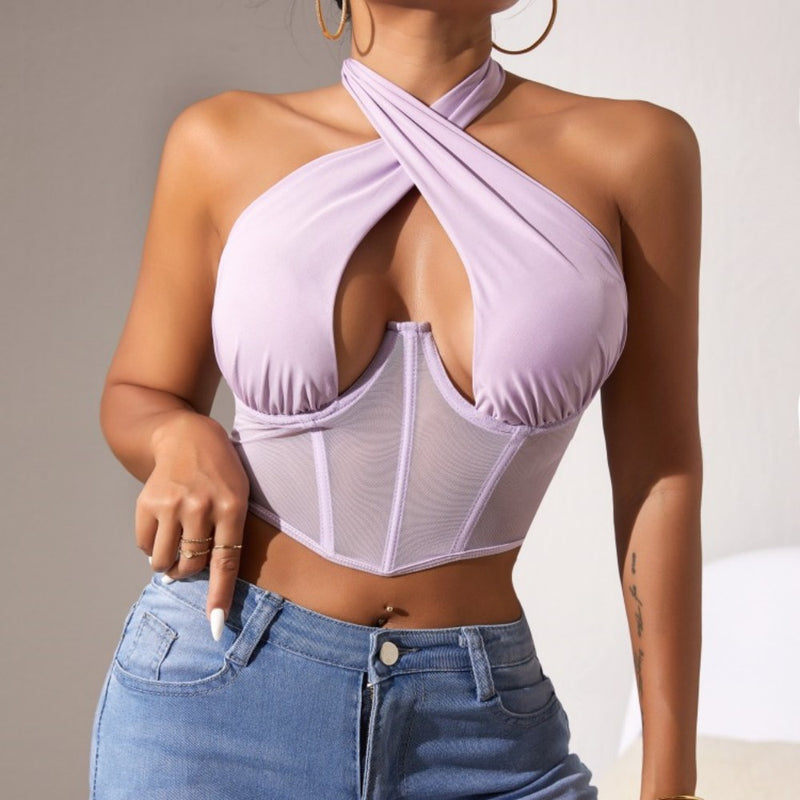 Top Stitching Mesh Transparenter Cross-Neck Neckholder-BH mit Fischgrätmuster