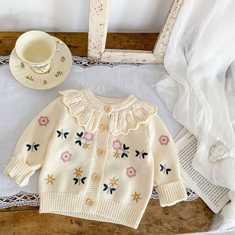 Children's Flower Embroidered Lotus Collar Knitted Warm Long Sleeve Cardigan Jacket
