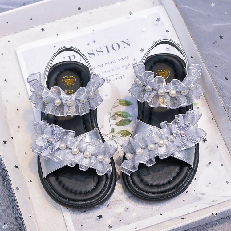 Girls' Trendy Princess Shoes, New Girls' Soft Soled Roman Shoes, Medium And Large Children's Mesh Pearl Beach Shoes