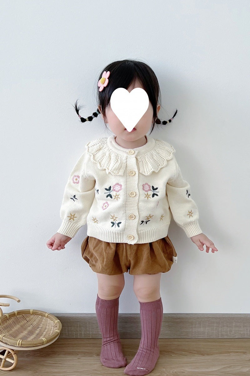 Children's Flower Embroidered Lotus Collar Knitted Warm Long Sleeve Cardigan Jacket