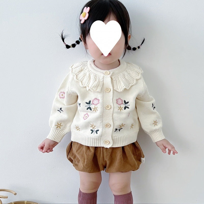 Children's Flower Embroidered Lotus Collar Knitted Warm Long Sleeve Cardigan Jacket