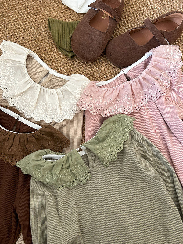 Girls' Soft Cashmere Sunken Stripe Lace Collar Bottoming Shirt