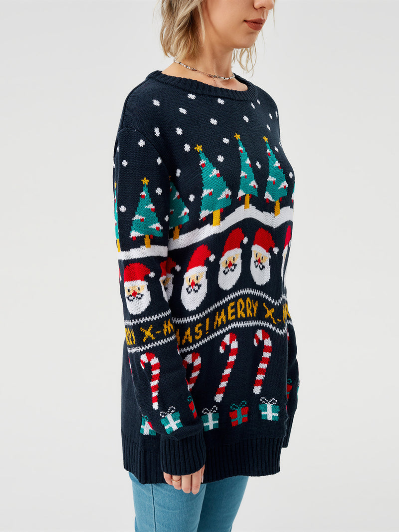 Damen-Weihnachtspullover Strickpullover Langarm Rundhalsausschnitt Sweatshirt