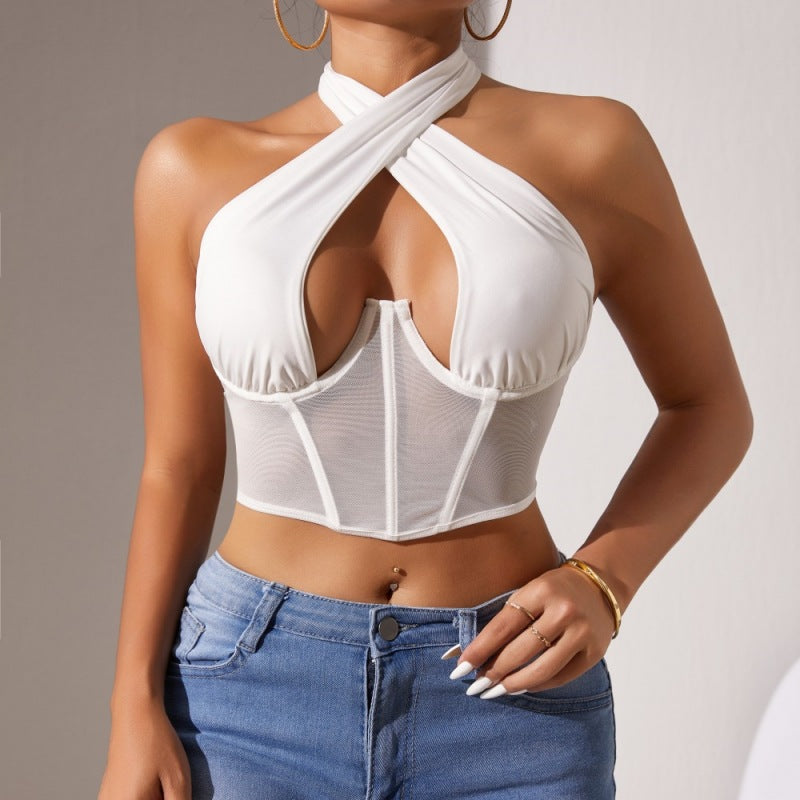 Top Stitching Mesh Transparenter Cross-Neck Neckholder-BH mit Fischgrätmuster