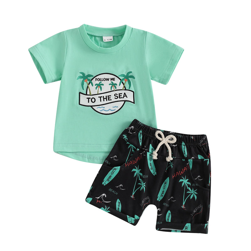 Conjunto de T-shirt e calções com bordado, estilo desportivo casual e de praia