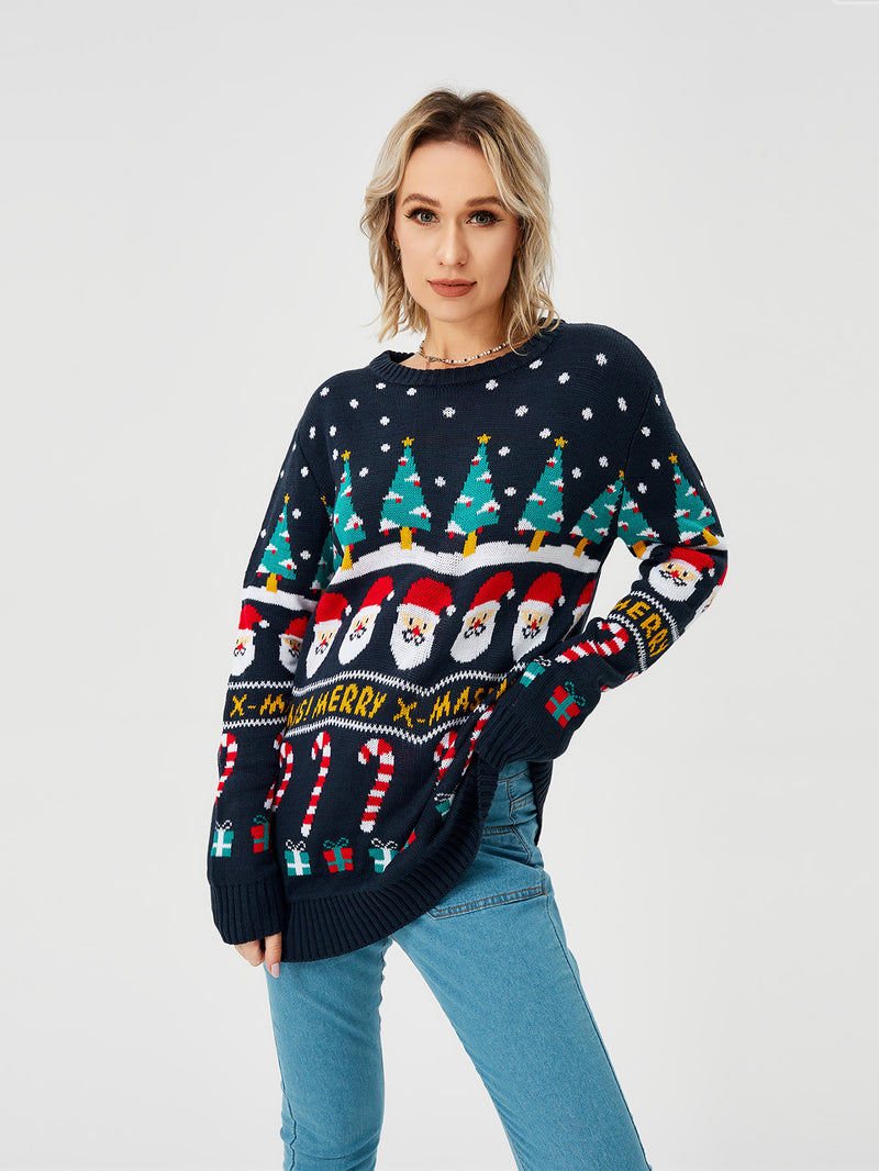 Damen-Weihnachtspullover Strickpullover Langarm Rundhalsausschnitt Sweatshirt