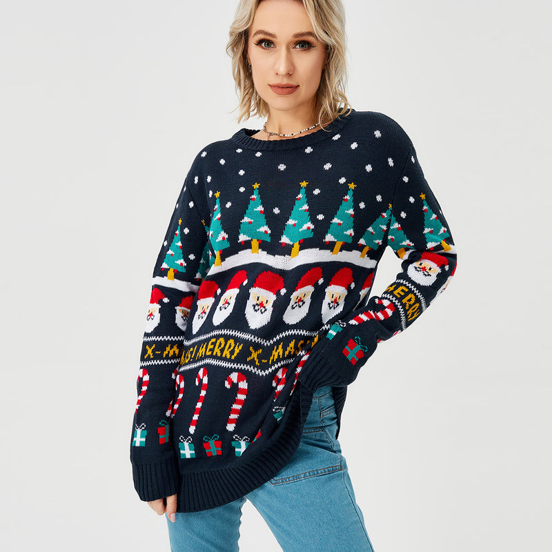 Damen-Weihnachtspullover Strickpullover Langarm Rundhalsausschnitt Sweatshirt