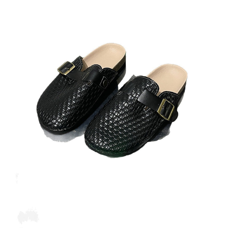 Womens Cork-toe Patterned Leather Belt Buckle Half-slipper
