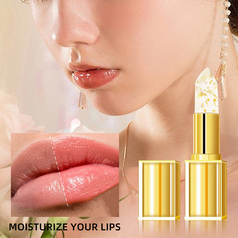 Wischfester, farbverändernder Lippenstift mit Goldglanz und warmen Nuancen