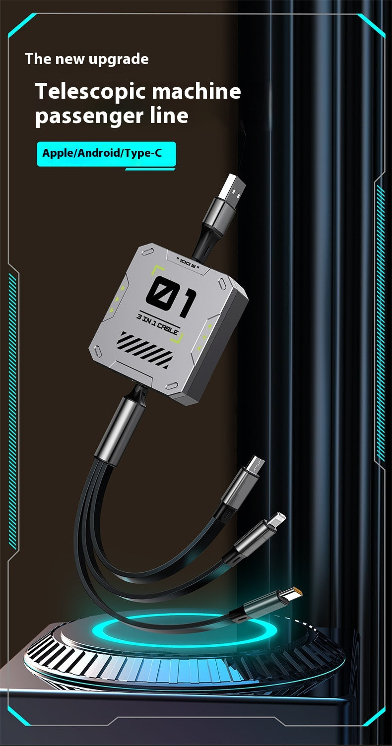 Data Cable Three-in-one 100W Super Fast Charge Telescopic One Drag Three