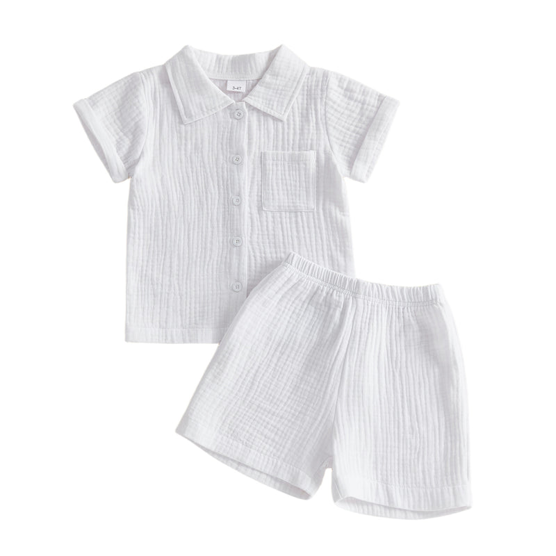 Conjunto de Camisa de Manga Curta com Gola de Revers e Calções em Tecido Enrugado