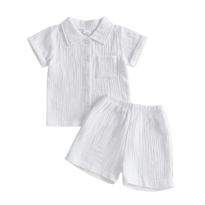 Wrinkled Fabric Casual Short-sleeve Lapel-collar Shirt And Shorts Set