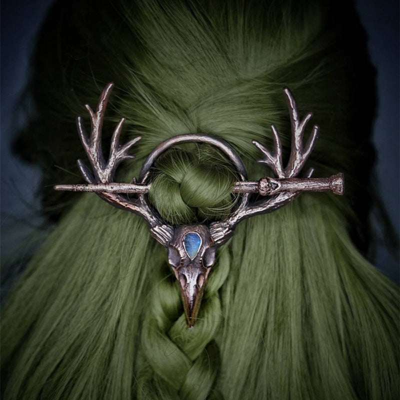 Gancho de cabelo feminino gótico retro com esqueleto de corvo, luar, pedra e chifres de veado