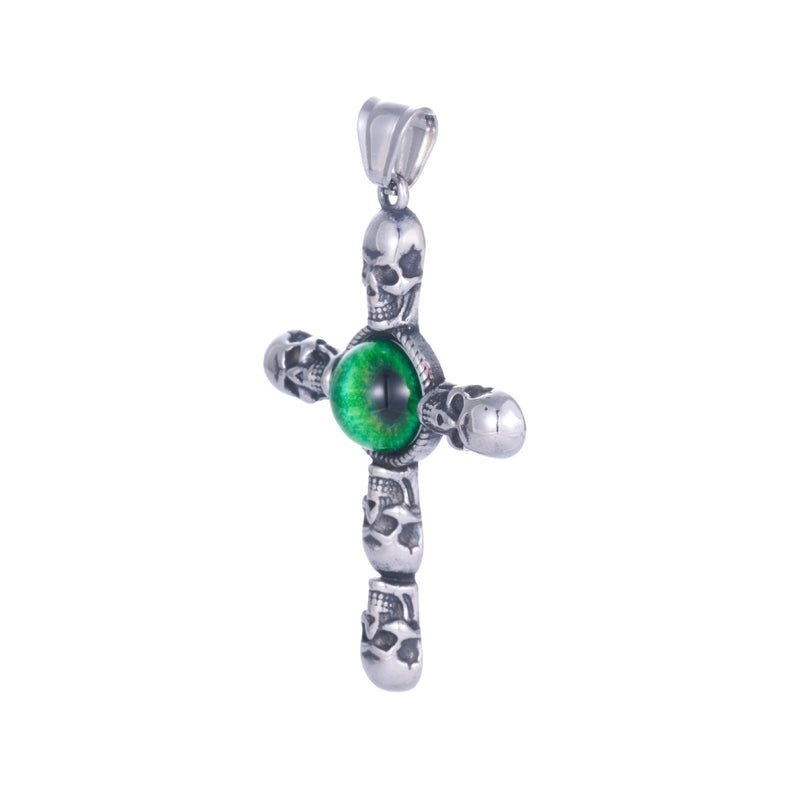 Stainless Steel Cross Skull Green Eye Pendant