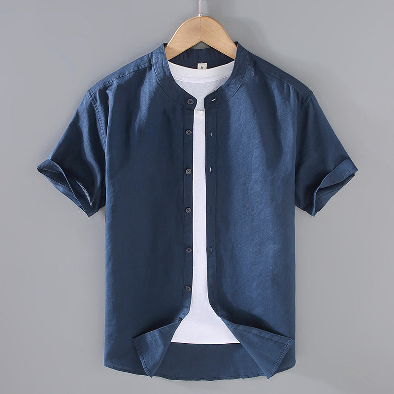 Solid-color Linen Shirt Mens Short-sleeve Casual Top
