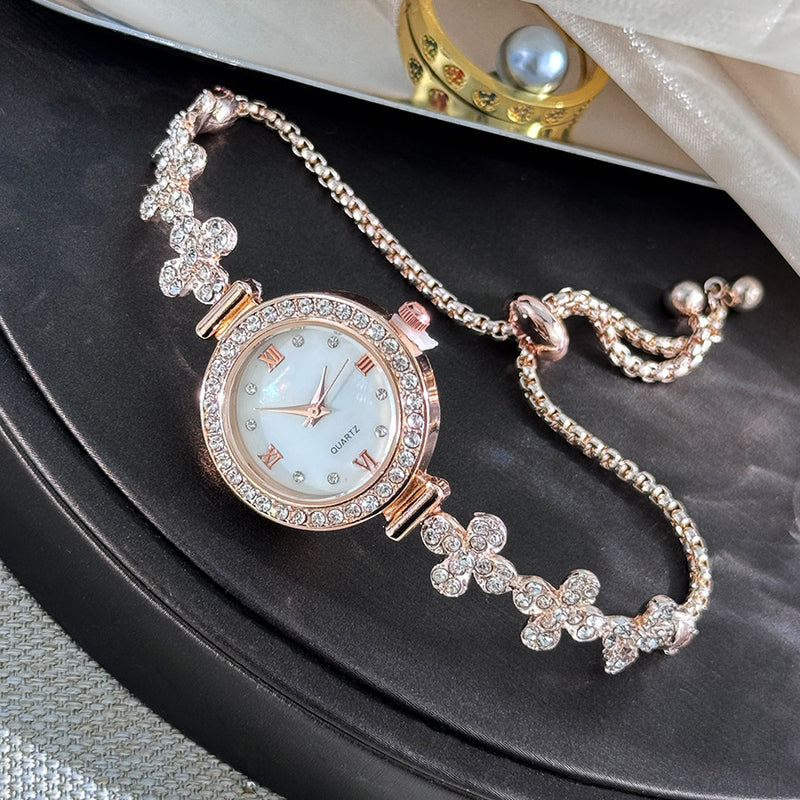 Relógio com pulseira extraível para estudantes em forma de flor e diamante embutido