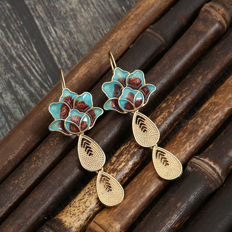 Elegante Lotus-Wassertropfen Damen Vintage Seide ausgebrannte blaue Ohrringe