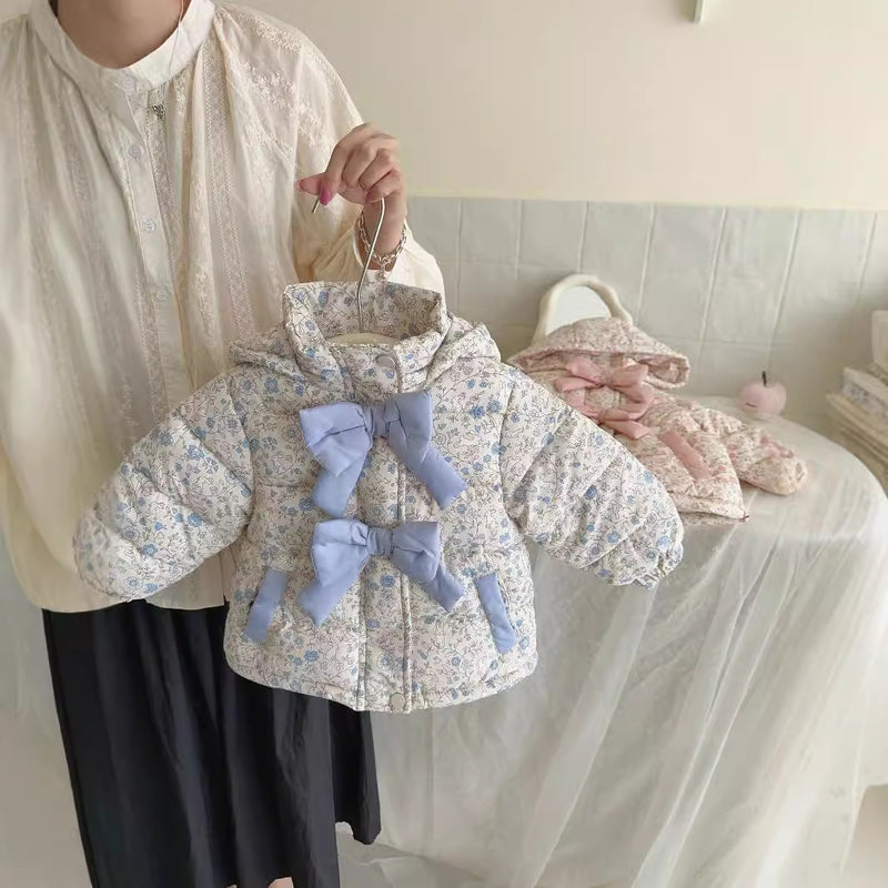 Winter Fashion Baby Floral Print Winter Bow Hooded Jacket