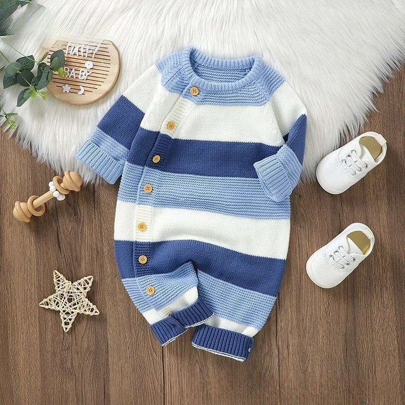Gestrickter gestreifter Einteiler-Strampler für Babys, Jungen und Mädchen, einreihiger Jumpsuit