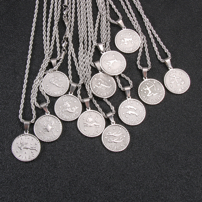 Men's And Women's Fashion Titanium Steel Twelve Signs Of The Zodiac Pendant Necklace
