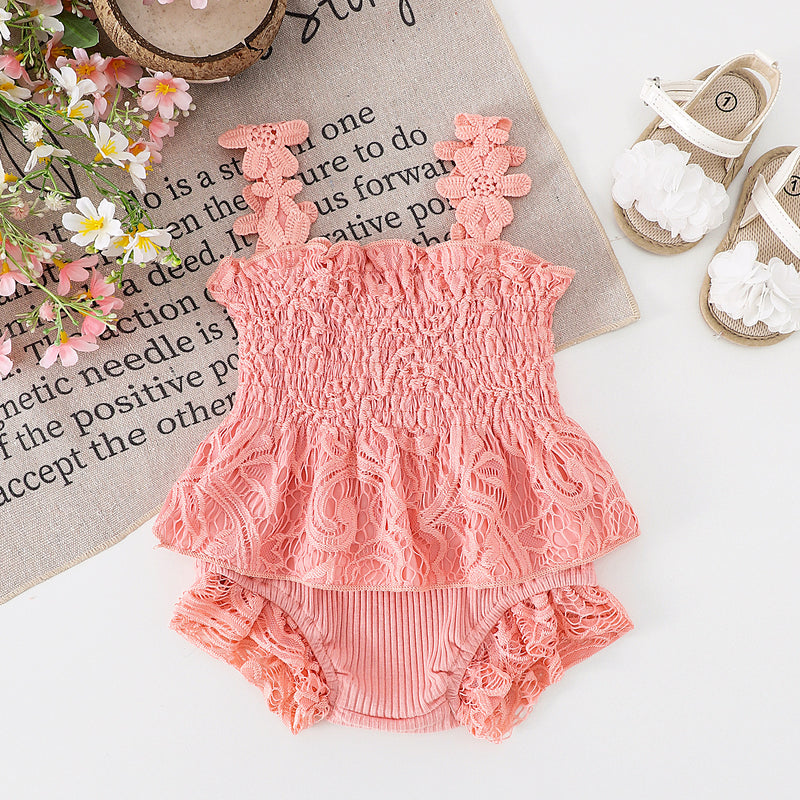 Mesh Smocking Sling Top Harem Pants Lace Two-piece Set
