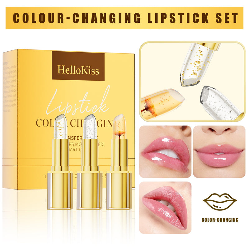 Wischfester, farbverändernder Lippenstift mit Goldglanz und warmen Nuancen