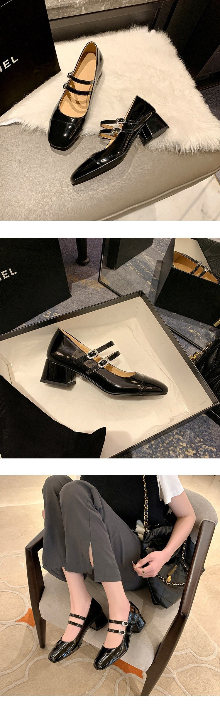 Sapatos femininos de salto alto com fivela quadrada e salto médio