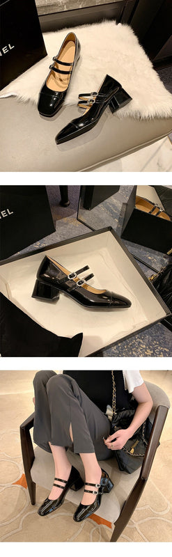 Sapatos femininos de salto alto com fivela quadrada e salto médio