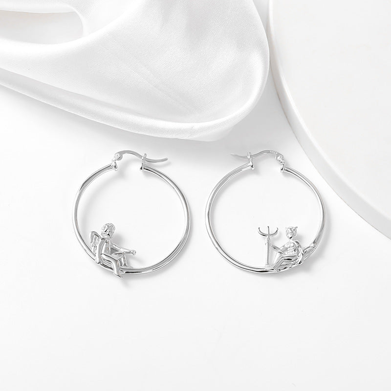 S925 Sterling Silver Fashionable Devil And Angel Earrings Hoops For Women