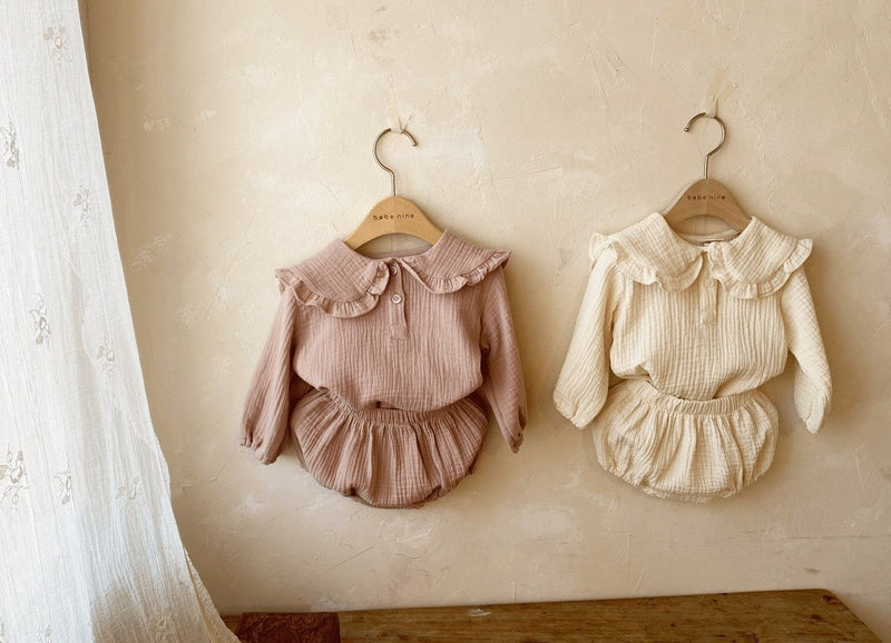 Baby Wrinkled Cotton Ruffle Collar Lapel Top Pants Set