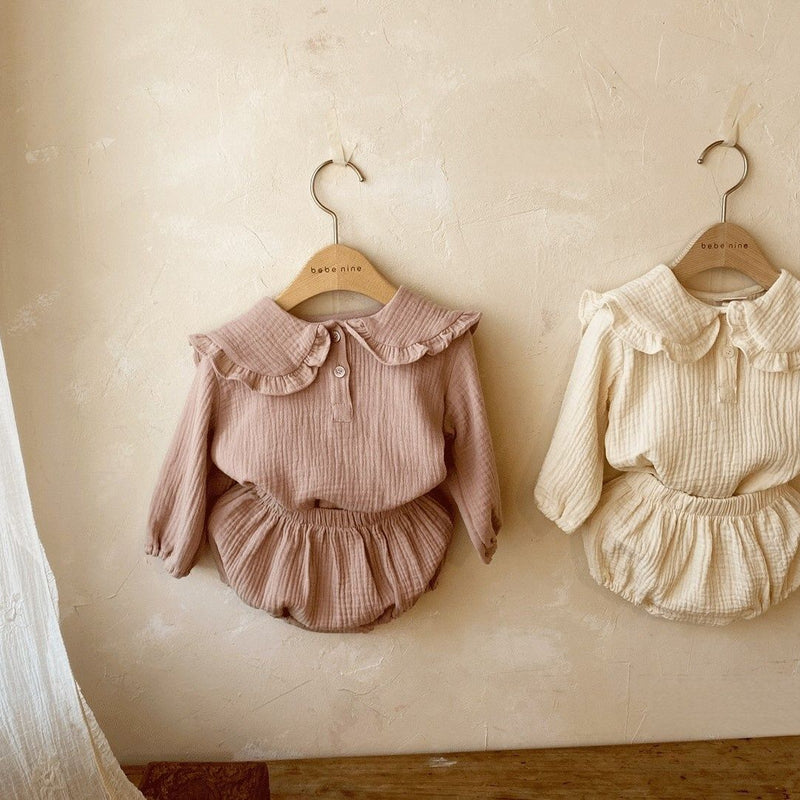 Baby Wrinkled Cotton Ruffle Collar Lapel Top Pants Set
