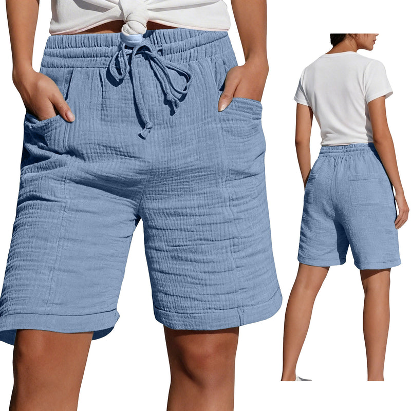 Womens Lace-up Pocketed Double-layered Pleated Capri Shorts