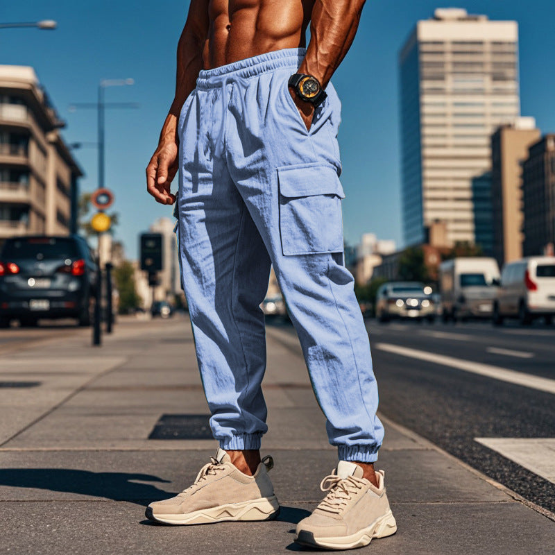 Men's Cotton And Linen Trousers With Multiple Pockets