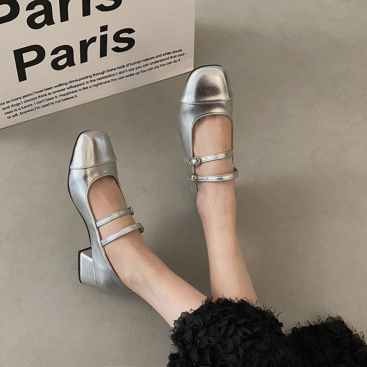 Sapatos femininos de salto alto com fivela quadrada e salto médio