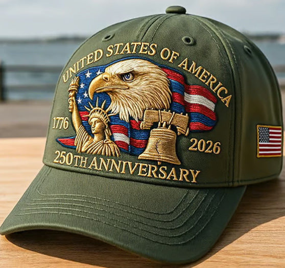 Bestickte Baseballkappe mit Adlerkopf – Gedenkdesign zum 250. Jubiläum Amerikas – Verstellbare Snapback-Mütze aus Baumwollmischgewebe für Damen und Herren