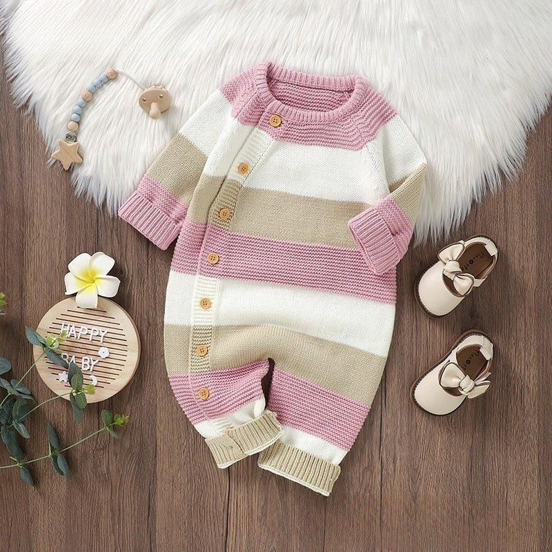 Gestrickter gestreifter Einteiler-Strampler für Babys, Jungen und Mädchen, einreihiger Jumpsuit