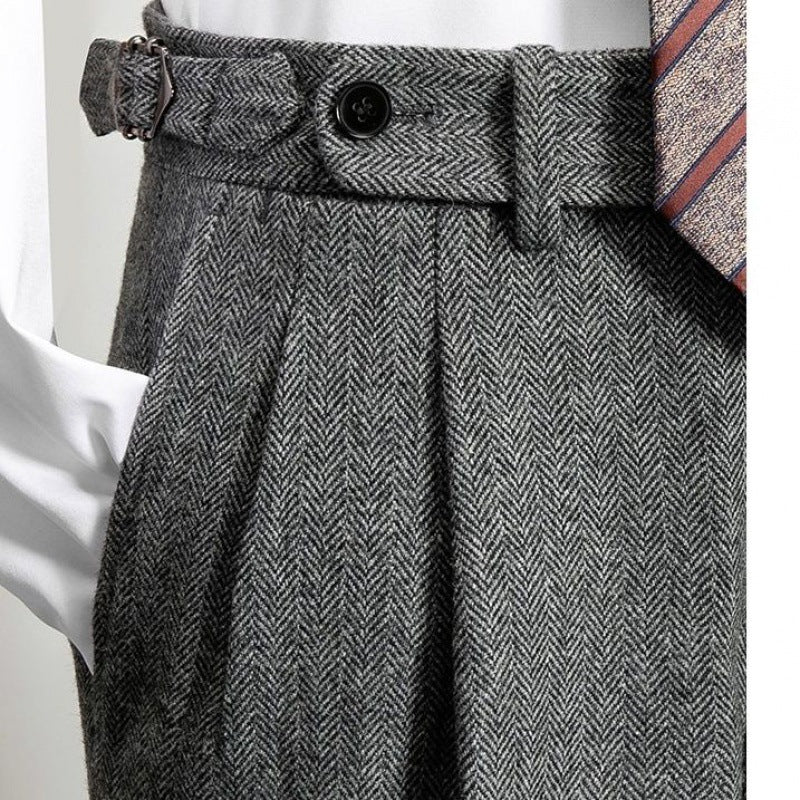 Schmale Tweed-Hose aus Wolle mit Fischgrätmuster
