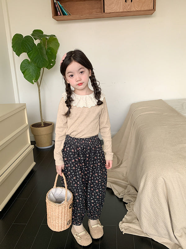 Girls' Soft Cashmere Sunken Stripe Lace Collar Bottoming Shirt