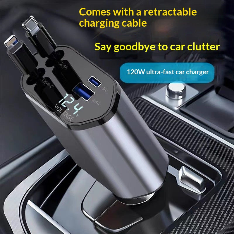 4-in-1 einziehbares Auto-Ladegerät, schnelles 120-W-Auto-Handy-Ladegerät mit USB-C-Kabel