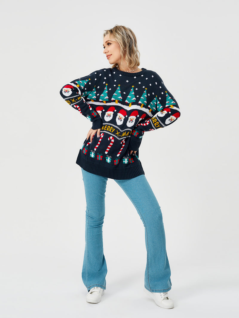 Damen-Weihnachtspullover Strickpullover Langarm Rundhalsausschnitt Sweatshirt
