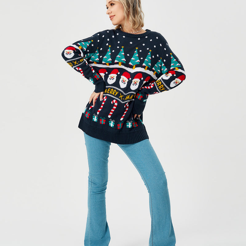 Damen-Weihnachtspullover Strickpullover Langarm Rundhalsausschnitt Sweatshirt