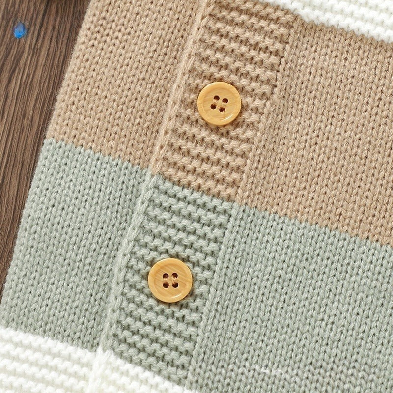 Gestrickter gestreifter Einteiler-Strampler für Babys, Jungen und Mädchen, einreihiger Jumpsuit