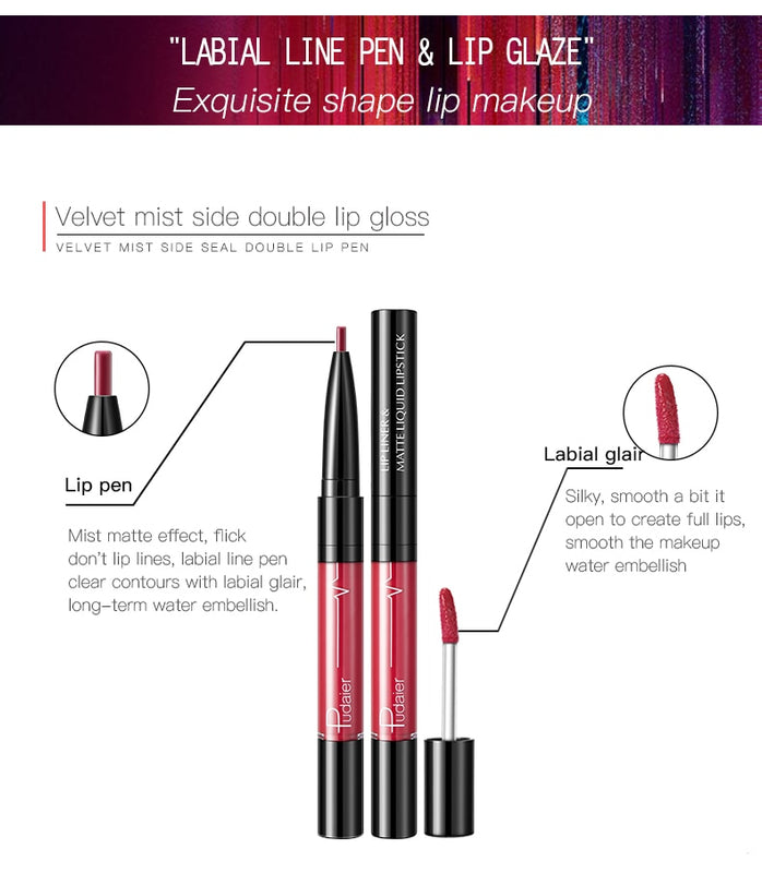 Pudaier Batom Matte Líquido e Lápis de Lábios 2 em 1 Maquilhagem Profissional Completa Agate Red Tinta de Lábios Volumizador Batom Líquido de Tatuagem