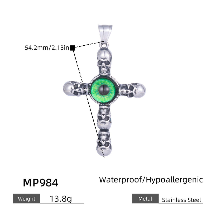 Stainless Steel Cross Skull Green Eye Pendant