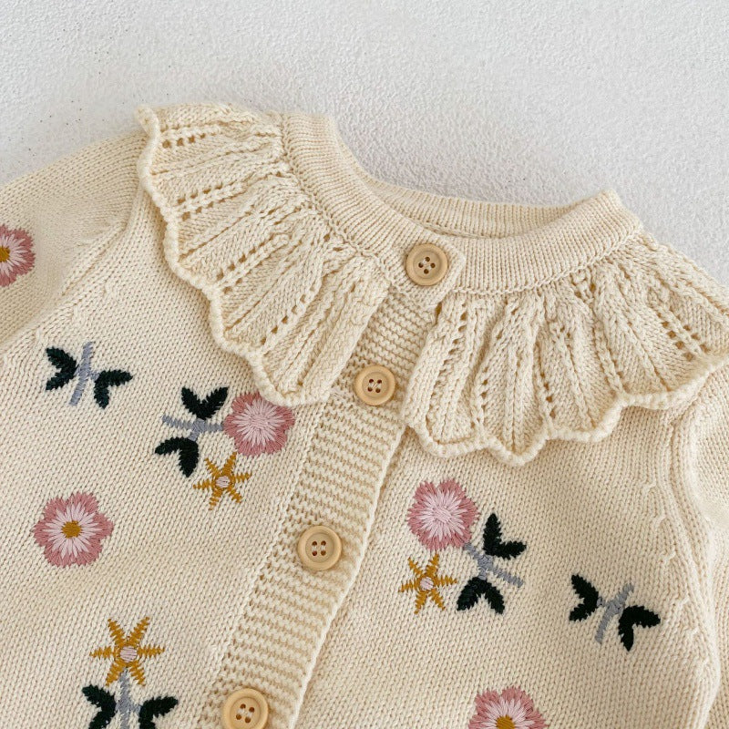 Children's Flower Embroidered Lotus Collar Knitted Warm Long Sleeve Cardigan Jacket