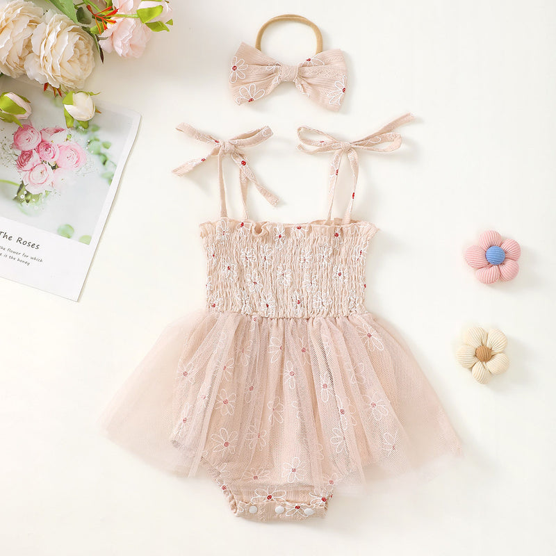 Prinzessinnenkleid mit Mesh-Trägern für Babymädchen inklusive Schleifen-Kopfschmuck