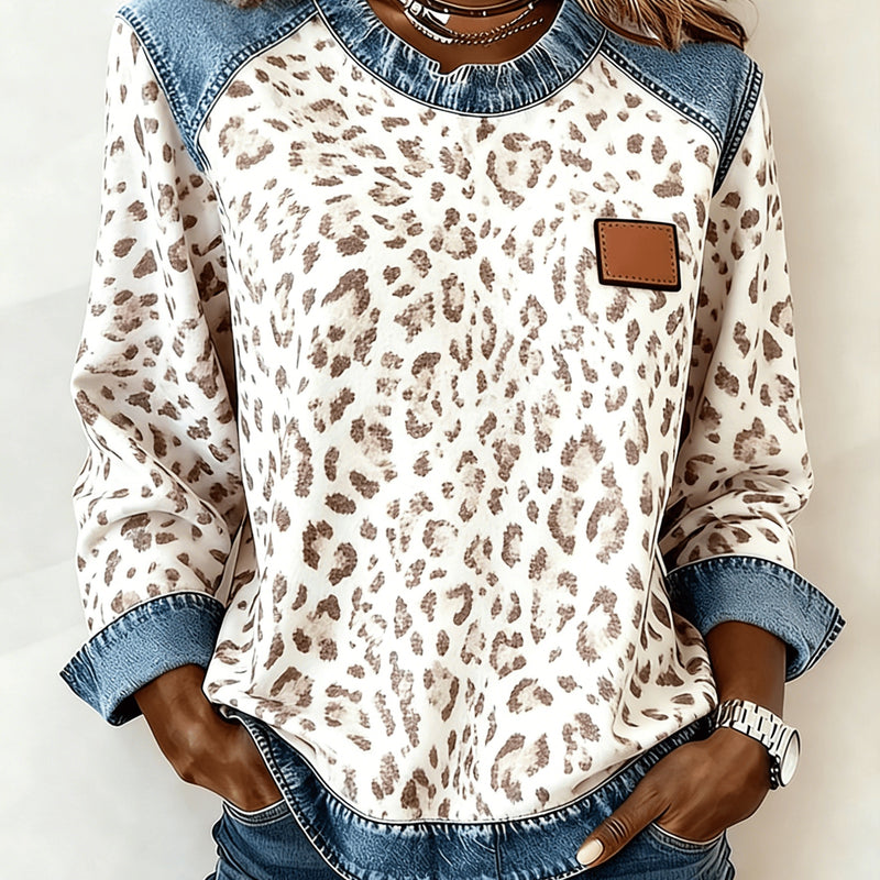 Casual Round Neck Denim Patchwork Leopard Print Long-sleeved Loose Top